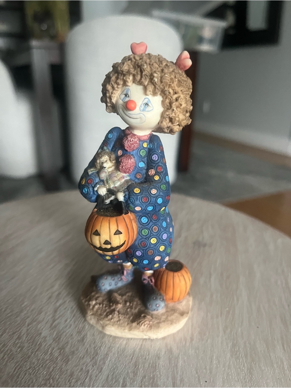 Hand-Painted Blue Polka Dot Clown Ceramic Figurine with Pumpkin